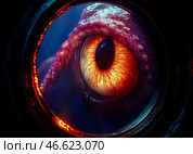 Страшный глаз гигантского морского чудовища заглядывает в круглое окно иллюминатора глубоко под водой в океане. Стоковое AI-изображение, AI-художник Sergei Gorin / Фотобанк Лори