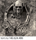 In the style of black and white historical photography, it depicts the excavation of a giant skeleton. The huge bones, including a skull with a sinister grin and long arms, evoke a sense of mysticism and mystery. Two archaeologists, dressed in work clothes, stand next to the find, emphasizing its gigantic size.The background consists of earth and stones, which gives the scene a realistic feel, but the find itself looks almost fantastic. The image evokes associations with myths about giants, ancient civilizations and theories about forgotten worlds. The atmosphere of mystery emphasizes the power of imagination and the desire of man to uncover the secrets of the past. Стоковое AI-изображение, AI-художник Анна Кривицкая / Фотобанк Лори