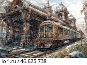 An old abandoned train station with a rusty train covered in vegetation. The building's architecture is richly decorated with baroque and neoclassical elements, with columns and arches that are partially destroyed. Around the station, nature takes its toll: plants are breaking through the tiles, the slabs are cracked, and the walls are covered with moss and vines. The painting is done in the style of detailed watercolor with steampunk and post-apocalyptic elements. The atmosphere is imbued with the spirit of the times, creating a sense of the past hidden among oblivion. Стоковое AI-изображение, AI-художник Анна Кривицкая / Фотобанк Лори