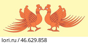 Vector illustration: Two Firebirds isolated on a yellow background in Russian style. Стоковая иллюстрация, иллюстратор Елена  Попкова / Фотобанк Лори