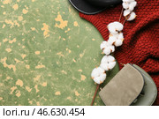 Хлопковые цветы, свитер и сумка на зеленом гранж-фоне. Стоковое фото, фотограф Pixel_shot / Фотобанк Лори