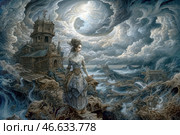 A mystical scene in the style of dark fantasy. A young woman in an ornate dress with Victorian motifs stands against a background of ruins, looking into the distance. There is something supernatural about her appearance, her hair fluttering, as if obeying the flow of the wind or magical energy. Behind her is an old Gothic mansion with detailed architecture, creating an atmosphere of mystery and desolation.The sky is filled with swirls of clouds, reminiscent of a swirling storm, and in its center is a bright, ghostly light that may be the moon or something more otherworldly. The waves of the raging ocean merge with the landscape, forming a chaotic, yet hypnotic composition. Broken roots, old wooden structures and elements of a destroyed world give the picture a sense of tragic beauty. Стоковое AI-изображение, AI-художник Анна Кривицкая / Фотобанк Лори