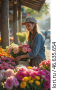 Woman is at a flower stand, picking out flowers. Стоковое AI-видео, аниматор Sergey Grishin / Фотобанк Лори