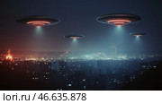 Unidentified flying objects hover over a city buildings skyline at night. Стоковое AI-изображение, AI-художник Михаил Коханчиков / Фотобанк Лори