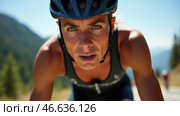 Woman is riding a bike and wearing a helmet. Стоковое AI-изображение, AI-художник Sergey Grishin / Фотобанк Лори