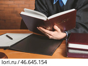 Женщина-судья читает книгу за столом в зале суда, крупным планом. Стоковое фото, фотограф Pixel_shot / Фотобанк Лори