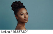 Beautiful portrait of a natural African-American girl on a neutral blue background. Cosmetology, skin care, facial care and makeup. Стоковое AI-изображение, AI-художник Photojuli / Фотобанк Лори