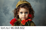 The concept of the May 9th holiday. Portrait of a beautiful girl in khaki clothes with red carnation flowers. Celebration of Victory Day 1941-1945. Стоковое AI-изображение, AI-художник Photojuli / Фотобанк Лори