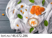 Стеклянная банка с вкусным рисовым пудингом и сухими абрикосами на марлевой салфетке. Стоковое фото, фотограф Pixel_shot / Фотобанк Лори