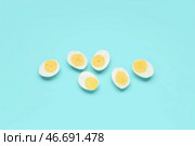 Половинки вкусных отваренных яиц на голубом фоне. Стоковое фото, фотограф Pixel_shot / Фотобанк Лори