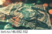 Crumbled one dollar bill lying on a textured surface under soft lighting. Стоковое AI-изображение, AI-художник Сергей Толмачёв / Фотобанк Лори