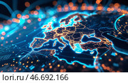 Digital map of Europe illuminated with glowing lights, showcasing connectivity and technology trends. Стоковое AI-изображение, AI-художник Сергей Толмачёв / Фотобанк Лори