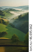 Beautiful landscape with a foggy mist in the background. Стоковое AI-видео, аниматор Sergey Grishin / Фотобанк Лори