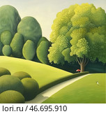 An idealized landscape in soft green tones, executed in a stylized, almost fairy-tale manner. The rounded shapes of the trees and bushes give the landscape smoothness and harmony. In the center of the composition there is a winding path leading deep into the scene, and in the distance, under a large tree, a small red umbrella is visible, creating a bright accent. In the lower right corner, a small white bird stands in the meadow, which adds liveliness to the picture. The atmosphere is filled with peace and lightness, conveying a sense of peace and solitude in nature. Стоковое AI-изображение, AI-художник Анна Кривицкая / Фотобанк Лори