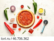 Композиция с вкусной пиццей пепперони и ингредиентами на белом гранж-фоне. Стоковое фото, фотограф Pixel_shot / Фотобанк Лори