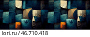 Abstract panoramic background. Mosaic ornament of multi-colored geometric shapes with a grainy stone texture in shades of dark blue and brown. Wide background with seamless pattern. Generative AI. Стоковое AI-изображение, AI-художник Андрей Степанов / Фотобанк Лори