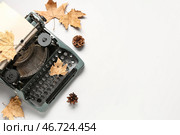 Винтажная пишущая машинка, осенние листья и шишки на белом фоне. Стоковое фото, фотограф Pixel_shot / Фотобанк Лори