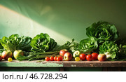 Fresh vegetables and fruits arranged on a rustic wooden table in natural light showcase vibrant colors and healthy options. Стоковое AI-изображение, AI-художник Сергей Толмачёв / Фотобанк Лори