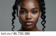 Beautiful portrait of a natural African-American girl on a neutral blue background. Cosmetology, skin care, facial care and makeup. Стоковое AI-изображение, AI-художник Photojuli / Фотобанк Лори
