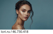 Beautiful portrait of a natural girl on a neutral blue background. Cosmetology, skin care, facial care and makeup. Стоковое AI-изображение, AI-художник Photojuli / Фотобанк Лори