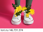 Ноги красивой молодой женщины в белых кедах с желтыми хризантемами на розовом фоне. Стоковое фото, фотограф Pixel_shot / Фотобанк Лори