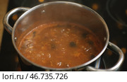 Close-up of tasty Russian traditional soup solyanka boiling in a pot on the stove. Стоковое фото, фотограф David Kashakhi / Фотобанк Лори