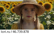 Summer blooming. Portrait of a beautiful curly-haired girl in a straw hat and a yellow dress on the background of a blooming field of sunflowers. The girl smiles and looks at the camera. Стоковое AI-изображение, AI-художник Photojuli / Фотобанк Лори