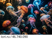Scuba diving. Diving. Colorful jellyfish swim in tropical waters. A jellyfish in the underwater world of wild animals. Ocean wildlife watching. Стоковое AI-изображение, AI-художник Photojuli / Фотобанк Лори