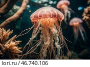 Scuba diving. Diving. Colorful jellyfish swim in tropical waters. A jellyfish in the underwater world of wild animals. Ocean wildlife watching. Стоковое AI-изображение, AI-художник Photojuli / Фотобанк Лори