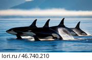 Группа косаток/ касаток охотится в море. Киты - убийцы на охоте. / Wildlife photography. A group of killer whales hunt in the ocean. National Geographic style. Стоковое AI-изображение, AI-художник Iva Noel / Фотобанк Лори
