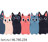 Группа кошек сидит в ряд. Кошки разных цветов и размеров. Белый фон. Стоковое AI-изображение, AI-художник Ярославский Максим / Фотобанк Лори