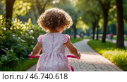A cheerful girl in a pink dress rides a bicycle in a helmet in the park. A happy child is engaged in an active sport. Protection. Life insurance and child safety. Стоковое AI-изображение, AI-художник Photojuli / Фотобанк Лори