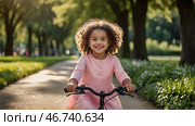 A cheerful girl in a pink dress rides a bicycle in a helmet in the park. A happy child is engaged in an active sport. Protection. Life insurance and child safety. Стоковое AI-изображение, AI-художник Photojuli / Фотобанк Лори