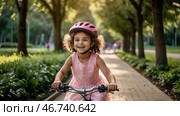 A cheerful girl in a pink dress rides a bicycle in a helmet in the park. A happy child is engaged in an active sport. Protection. Life insurance and child safety. Стоковое AI-изображение, AI-художник Photojuli / Фотобанк Лори