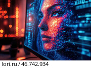 Futuristic and cybernetic atmosphere. The monitor screen displays a digital portrait of a woman, created from many glowing pixels and dots that form a face. Red and blue tones emphasize the technological nature of the scene, and the background blur with bright orange lights creates a cyberpunk effect. This can symbolize artificial intelligence, virtual reality or digital identity. The image is reminiscent of the future of technology, machine learning and human interaction with artificial intelligence. Стоковое AI-изображение, AI-художник Анна Кривицкая / Фотобанк Лори