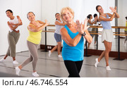 Group of active women practicing energetic dance in a studio. Стоковое фото, фотограф Яков Филимонов / Фотобанк Лори