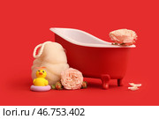 Мини-ванночка с губкой, резиновой уточкой и цветами на красном фоне. Празднование Дня святого Валентина. Стоковое фото, фотограф Pixel_shot / Фотобанк Лори