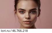 Beautiful portrait of a natural girl on a neutral pink background. Cosmetology, skin care, facial care and makeup. Стоковое AI-изображение, AI-художник Photojuli / Фотобанк Лори