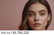 Beautiful portrait of a natural girl on a neutral pink background. Cosmetology, skin care, facial care and makeup. Стоковое AI-изображение, AI-художник Photojuli / Фотобанк Лори