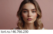 Beautiful portrait of a natural girl on a neutral pink background. Cosmetology, skin care, facial care and makeup. Стоковое AI-изображение, AI-художник Photojuli / Фотобанк Лори