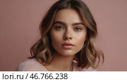 Beautiful portrait of a natural girl on a neutral pink background. Cosmetology, skin care, facial care and makeup. Стоковое AI-изображение, AI-художник Photojuli / Фотобанк Лори