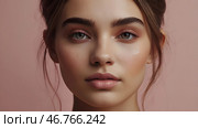 Beautiful portrait of a natural girl on a neutral pink background. Cosmetology, skin care, facial care and makeup. Стоковое AI-изображение, AI-художник Photojuli / Фотобанк Лори