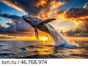 The breakthrough of a gray humpback whale from the water. A huge whale jumps out of the water. Whale watching in the ocean. Стоковое AI-изображение, AI-художник Photojuli / Фотобанк Лори