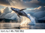 The breakthrough of a gray humpback whale from the water. A huge whale jumps out of the water. Whale watching in the ocean. Стоковое AI-изображение, AI-художник Photojuli / Фотобанк Лори