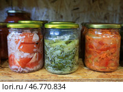 Стеклянные банки с консервированными продуктами на полке в кладовке. Стоковое фото, фотограф Наталья Шатохина/NEWS.ru / ТАСС / Фотобанк Лори