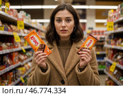 Молодая женщина удивлена разницей в ценах на шоколад в магазине. Шринфлякция. Стоковое AI-изображение, AI-художник Сергей Никифоров-Гордеев / Фотобанк Лори