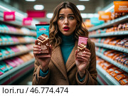 Молодая женщина удивлена разницей в весе шоколада в магазине. Шринфлякция. Стоковое AI-изображение, AI-художник Сергей Никифоров-Гордеев / Фотобанк Лори