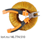 Кусочки и тороидальный трансформатор на белом фоне. Pliers and Voltage toroidal transformer on a white background. Стоковое фото, фотограф Татьяна Д / Фотобанк Лори