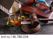Молоток судьи, весы правосудия, модель дома и бумага с текстом ALIMONY на столе. Стоковое фото, фотограф Pixel_shot / Фотобанк Лори
