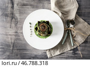 Тарелка с вкусным крем-супом и артишоком на столе. Стоковое фото, фотограф Pixel_shot / Фотобанк Лори
